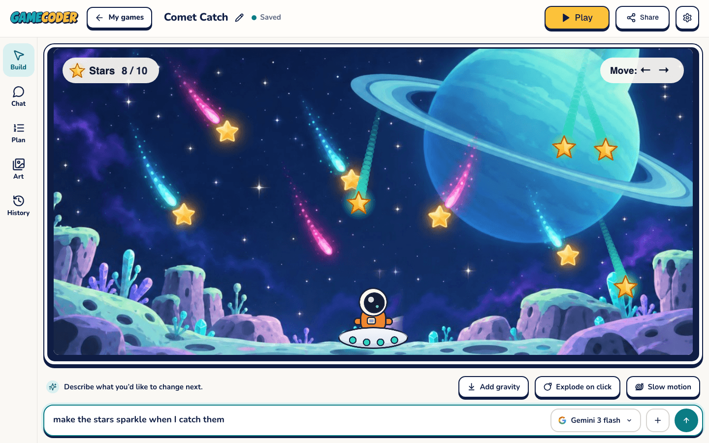 A real screenshot of the GameCoder editor: a space game where a saucer catches falling stars runs on the stage, and the next idea is typed into the Build box.