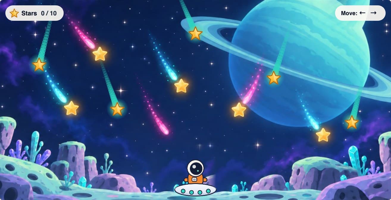Comet Catch, a 2D game running in GameCoder: a saucer catches falling stars over a moonscape